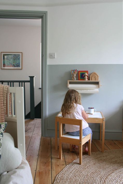 How to do a half-painted wall for a child’s bedroom – Apartment Apothecary Painting Halfway Up The Wall, Lower Half Wall Painted, Half Wall Wallpaper Nursery, Paint 3/4 Wall, Half Way Painted Wall Bedroom, Half Wall Painted Nursery, Partially Painted Wall, Half Height Painted Walls, Half Painted Wall With Trim