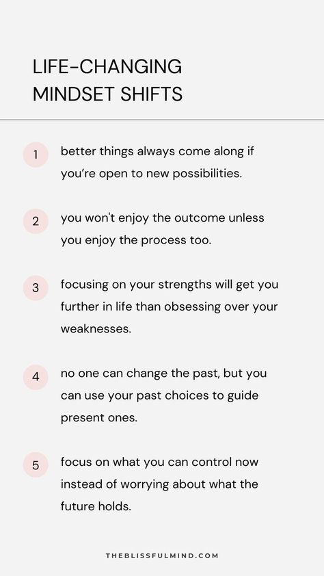 5 Mindset Shifts That Will Change Your Life #quotes #inspiration #motivation #life #happiness #wellness #selfcare #growth #mindfulness https://www.theworldaccordingtome.org/1951925_10-small-things-to-do-to-find-joy-in-life-again/?51-positive-and-healthy-habits-for-an-amazing-life Mindset Quotes Positive, Change Mindset, Growth Mindset Quotes, This Is Your Life, Writing Therapy, Healthy Mindset, Change Your Mindset, Positive Self Affirmations, Mindset Quotes