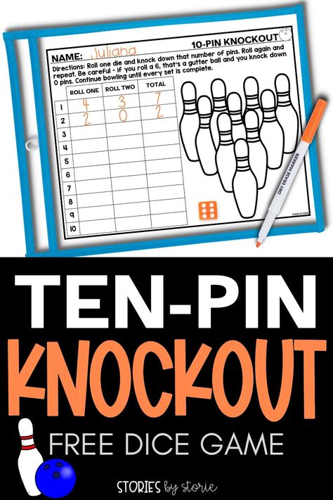 Help students practice addition facts to ten in a fun way with this bowling-themed dice game. Students roll a die and knock down pins. Watch out for the gutter ball! Knock Out Dice Game, Stuck In The Mud Dice Game, Bowling Math Activities, Back And Forth Dice Game, Roll The Dice Movement Game, Math Dice Games 1st Grade, Math Dice Games 2nd Grade, Dice Math Games First Grade, Dice Games For Kids