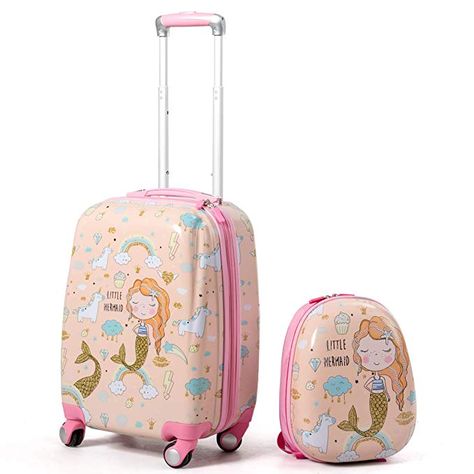 Goplus Kids Luggage Set, 12" & 18" Kids Carry On Luggage Set, Multi-directional Wheels Suitcase, Large Capacity Rolling Trolley Suitcase, Gift for Boys and Girls Toddlers Children Travel (Mermaid) | Kids' Luggage Toddler Suitcase, Kids Luggage Sets, Portable Office, Suitcase Backpack, Mermaid Kids, Luggage Case, Mermaid Pattern, Suitcase Set