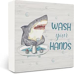 Amazon.com: OVAcational Wash Your Hands Shark Wooden Box Sign,Kids Bathroom Wood Box Sign,Funny Shark Bath Room Decor,Hark Lover Bathroom Decor 5x5 Inches : Home & Kitchen Jaws Themed Bathroom, Shark Room Decor, Shark Bathroom Decor, Bath Room Decor, Shark Bathroom, Door Picture Frame, Shark Room, Coffee Table Pictures, Bathroom Wood