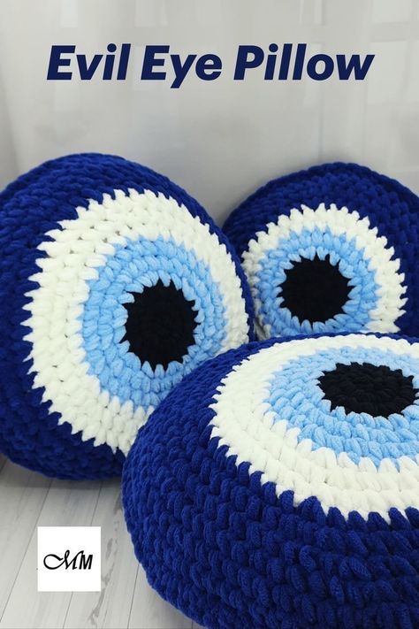 Evil Eye Throw Pillow, Evil Eye Pillow Crochet Pattern, Third Eye Crochet, Crochet Evil Eye Blanket, Evil Eye Gift Ideas, Crochet Eye Pillow, Evil Eye Bedroom Decor, Crochet Lucky Charm, Evil Eye Gifts