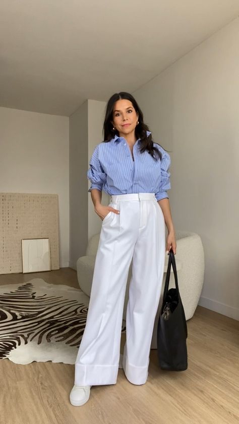 Stylist Super High Waisted Pleated … curated on LTK Off White Trouser Outfit Women, White Wide Leg Trousers Outfit Classy, White Pleated Pants Outfit, Styling White Trousers, Shirt Pants Outfit Women, Formal Wide Leg Pants Outfit, Outfits With Slacks Women, Outfits With Slacks, White Trousers Outfit Casual