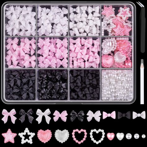 PRICES MAY VARY. 🎀 You Will Receive: A box of 3D bow nail charms with pearl nail charms(in the shapes of star and heart) and flatback nail pearls in 12 grids, about 500 pieces in total. It is a great amount of nail charms for you to make various nail designs. Besides, a tweezer and a pencil also come with the package for picking up the charms. 🎀 A Riot of Colors: The nail bow charms are in 3 styles and every style with 3 colors: White, Pink, and Black. The heart and star 3D nail charms are in Nail Sets Acrylic Medium, Nail Charms Aesthetic, Pink Nail Charms, Nail Stuff Products, Cute Nail Charms, Mythical Nails, Nail Charm Designs, Nail Charm Ideas, Nail Bow