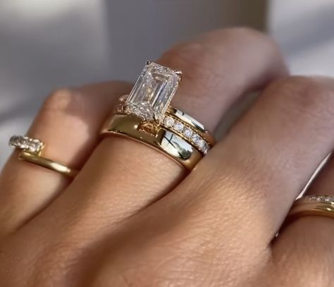 Rectangle Engagement Ring Stack, Gold Radiant Cut Engagement Ring With Wedding Band Stack, Wedding Band Stack Ideas Radiant, Silver And Gold Wedding Stack, Mixed Metals Ring Stack, Emerald Cut Stack, Gold And Silver Wedding Ring Set, Gold Wedding Stack, Mixed Metal Wedding Rings Stack