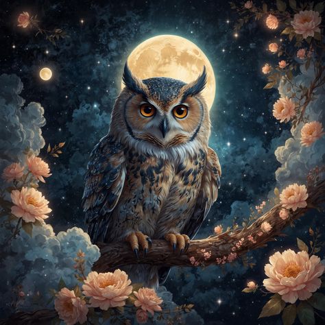 Magical Owl, Crescent Moon Art, Owl Moon, T Shirt Prints, Blue Illustration, Moon Art Print, Shirt Prints, Whimsical Illustration, Moon Art