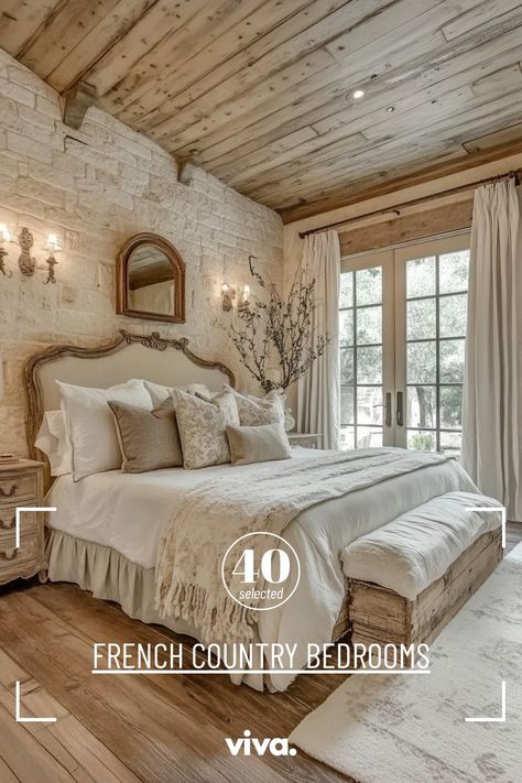 ♥ Looking to create a cozy and romantic atmosphere in your bedroom? Explore the charm of French Country Bedrooms with antique bedroom ideas and French farmhouse decor. Get inspired by French villa interior designs and bring a touch of French style to your own bedroom decor. 🏡🌿 #FrenchCountryDecor #BedroomInspiration #HomeDecor #FarmhouseStyle French Chateau Master Suite, French Bedroom Aesthetic, Antique Bedroom Ideas, Chateau Bedroom, French Villa Interior, French Country Bedroom, Country Bedroom Design, Country Bedrooms, Striped Pillows