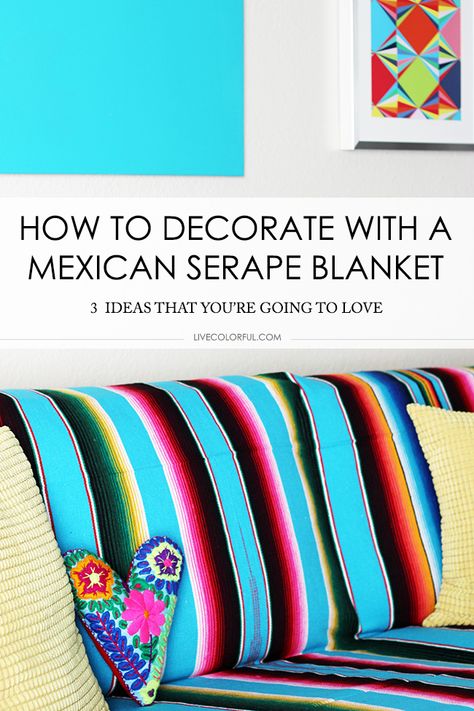 3 ways to decor and add a splash of color to your home with a mexican serape blanket. You could use them as wall art, sofa covers, fiesta decorations, table covers, bedding and more! Check out these ideas and inspire yourself Slavic Symbols, Mexican Serape Blanket, Mexican Furniture, Serape Blanket, Aztec Blanket, Mexican Serapes, Mexican Theme, Mexican Home, Fiesta Decorations