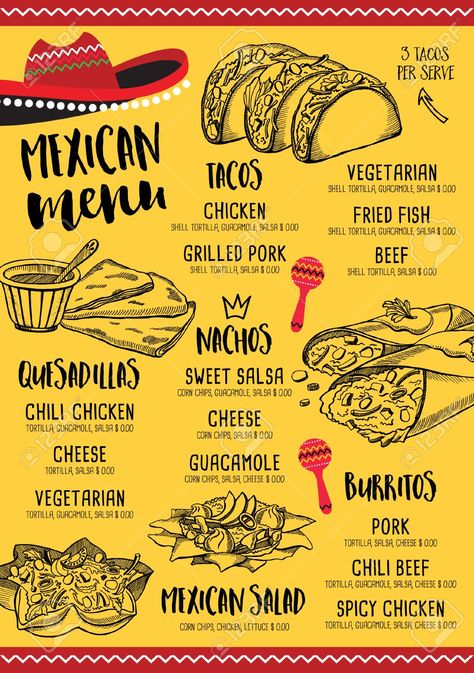 Mexican Food Menu, Tacos Menu, Sweet Salsa, Creative Dinner, Mexican Restaurant Design, Menu Design Layout, Mexican Restaurant Decor, Mexican Menu, Food Truck Menu