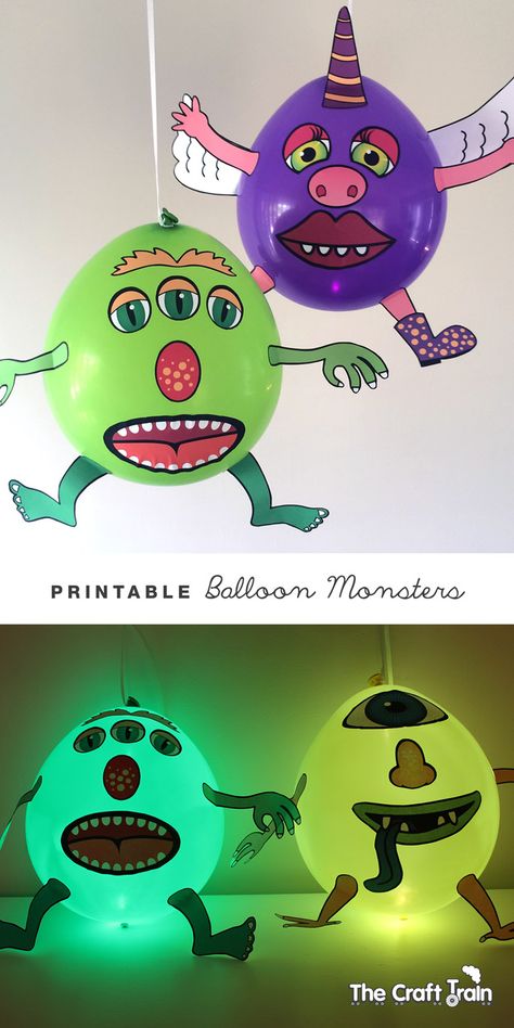 Printable Balloon Monsters | The Craft Train How To Make Balloon, Monster Craft, Led Balloons, Monster Birthday Parties, Balloon Crafts, Halloween Balloons, Monster Birthday, Printable Activities For Kids, Monster Party