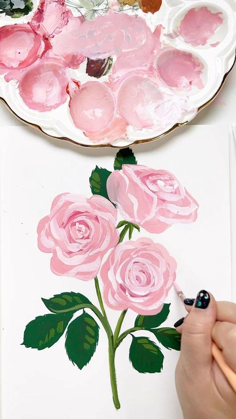 Here’s to roses, the real MVP 🌹 Gouache floral painting timelapse in my sketchbook 🎨 How To Paint A Rose, Rose Gouache, Rose Painting Easy, How To Draw A Rose, Gouache Rose, Floral Painting Ideas, Rose Art Painting, Rose Acrylic Painting, How To Paint Roses