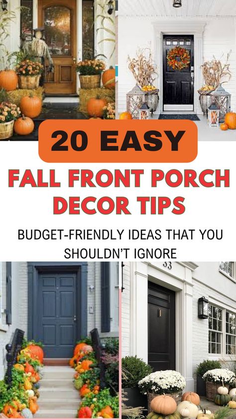 Transform your home with these 20 beautiful outdoor fall front porch decor ideas to welcome autumn! From cozy color palettes, pumpkins, mums, planters, wreath, cart, candles, lanterns  these stunning fall porch decorations will create a warm and inviting entrance. Perfect for adding seasonal charm and curb appeal, these ideas are a must-see for anyone looking to embrace the beauty of fall. Click to explore the best fall front porch decor ideas for a welcoming autumn vibe! Fall Porch Decor No Steps, Fall Outdoor Entrance Decor Ideas, Fall And Winter Front Porch Decor, Fall Decorations Porch Farmhouse, Front Entrance Fall Decorating Ideas, Small Stoop Fall Decorating Ideas, Narrow Porch Fall Decor, Fall Porch Decor Simple, Fall Exterior Decor Front Porches