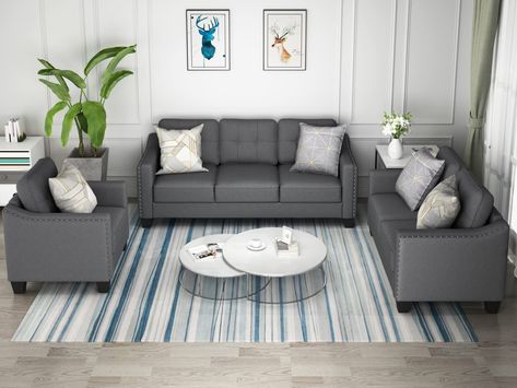 PRICES MAY VARY. 【3 Piece Living Room Set】This 3 piece modern sectional sofa set includes a sofa, a loveseat and a armchir offers 6 Seating Capacity is perfect for living room use.Sofa: 32'' H x 77.2'' W x 30'' D. Loveseat: 32'' H x 55.1'' W x 30'' D Armchair: 32'' H x 32.7'' W x 30'' D 【Modern Sectional Sofa Set】This modern sofa set features a contemporary look and a streamlined silhouette. The brass nail head trip tastefully line the edges while the gilded patterned fabric offers a natural she Cognac Leather Couch Living Rooms Sofas, 3+2+1+1 Sofa Set, 3 1 1 Sofa Set Design, Sofa Set Designs 3+2+1, 3+2 Sofa Set Designs, 3+1+1 Sofa Set Design, Living Room For Kids, Living Room Furniture Sectional, Small Couches Living Room