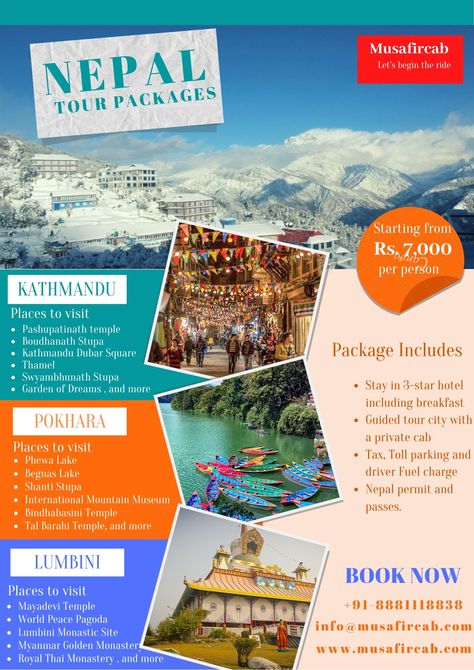 Visit #Nepal and its mesmerizing destination at a very low price. Get you #NepalTour Package Customized with Musafircab. Explore #Kathmandu, #Pokhara, with 4 Night -5days Nepal Tour, price starting from 7,000. For more details call us on +91-8881118838 or send us an email at info@musafircab.com. #musafircab Tour Package Brochure, Tour Package Poster, Tour Packages Design, Tour Guide Design, Travel Brochure School Project, Travel Brochure Design, Andaman Tour, Travel Book Design, Student Worksheet