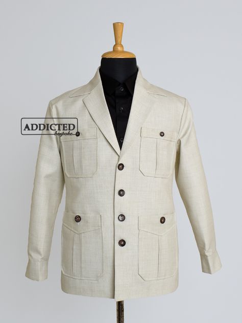 "Discover rugged style with the Men's Off White Cotton Safari Bush Jacket. Crafted for adventurers, this jacket features a classic notch lapel and practical patch pockets, exuding timeless appeal. The button closure, along with cuff closures, offers a secure fit, perfect for outdoor pursuits. Designed with a regular fit and shacked detailing, this versatile piece blends hunting and travel influences, making it an essential addition to your wardrobe for both style and functionality. This Jacket Includes With; *Retro notch lapel. *4 button fasten. *Two Waist Flap Pleated Pocket With Button *Two Pleated Chest Pocket  *One Button Closure working cuffs. *Double vent to reverse. Features: *Lightweight *Soft & breathable *Comfortable wearing in all seasons Material & Caring: *Premium Cotton & Eco Travel Clothing, Hunting Trip, Rugged Style, Cocktail Attire, Travel Outfit, White Linen, Chest Pocket, Linen Fabric, White Cotton