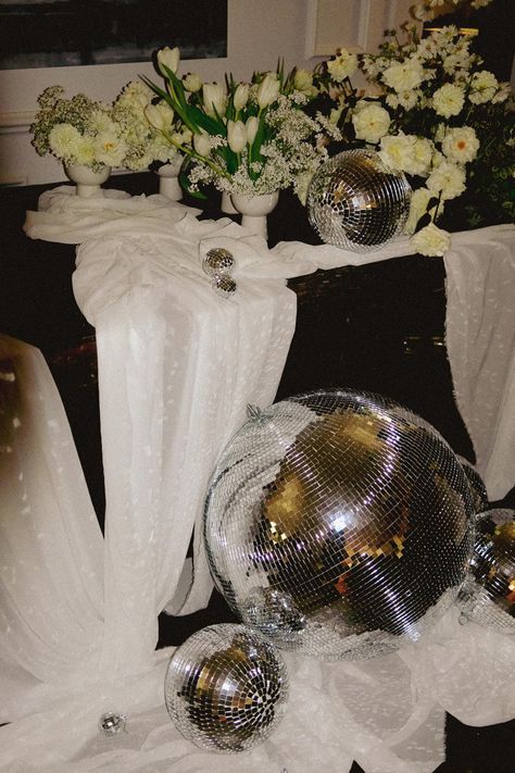 Styled by For Love & Living Wedding Disco Ball Decor, Disco Balls Wedding, Disco Wedding Reception, Wedding Dance Floor, Dance Floor Wedding, Summer Garden Wedding, The Art Of Storytelling, Wedding Team, Disco Balls