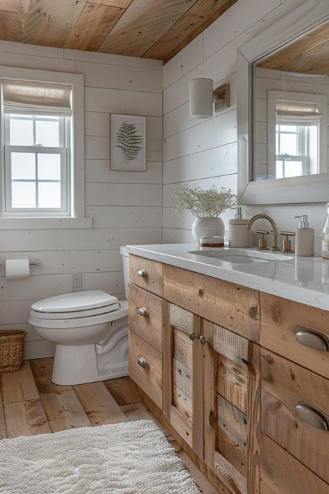 40 Shiplap Bathroom Ideas To Add Charm to Your Space Distressed White Shiplap Wall, Bathroom Half Wall Paneling Ideas, Old Shiplap Wall, Shiplap Ceiling Bathroom, Bathrooms With Shiplap, White Shiplap Bathroom, Bathroom Shiplap Ideas, Shiplap Wall Bathroom, Shiplap Bathroom Ideas