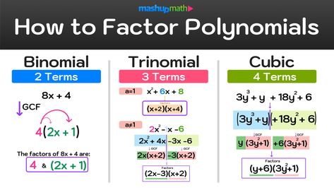 How to Factor Polynomials (Step-by-Step) — Mashup Math Math Project Ideas, Projects For High School Students, Polynomials Worksheet, Math Art Projects, Polynomial Functions, Factoring Polynomials, Greatest Common Factors, Free Math Resources, Flow Chart Template