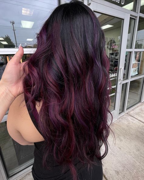 Dark Purple Hair With Red Highlights, Black Hair Plum Highlights, Mexican Hair Dye Ideas, Magenta Hair Peekaboo, Burgundy Hair Tips, Dark Purple Hair Highlights, Red Violet Hair Color With Highlights, Burgundy Purple Hair, Mulberry Hair Color