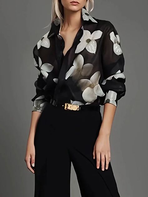 Women’s Blouses, Black And White Top Outfit, Shirt Collar Pattern, Midi Skirts Summer, Urban Shirt, High Waist Long Skirt, Black Theme, The Office Shirts, Floral Outfit