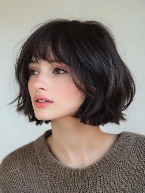 Bob With Two Long Strands, Piecy Bob With Bangs, Thick Hair Chin Length Bob, Long Bob With Fringe Round Faces, Anime Bob Haircut, Short Hairstyle Women Fringe, Textured Bob With Side Bangs, French Bob With Wispy Bangs, Chunky Bob With Bangs