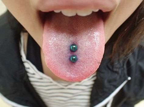 tongue double piercing Vertical Tongue Piercing, Venom Piercing, Tongue Sores, Tongue Piercings, Bold Illustration, Emo Tattoos, Double Tongue Piercing, Double Piercing, Piercing Aftercare