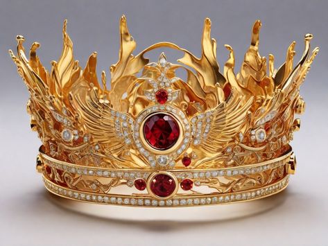 creates a 24 carat gold crown with fire details and a 2 Profile Circle, Phoenix Crown, Fire Crown, Orange Crown, Male Crown, Royal Crowns, Royal Tiaras, Kings Crown, Fantasy City