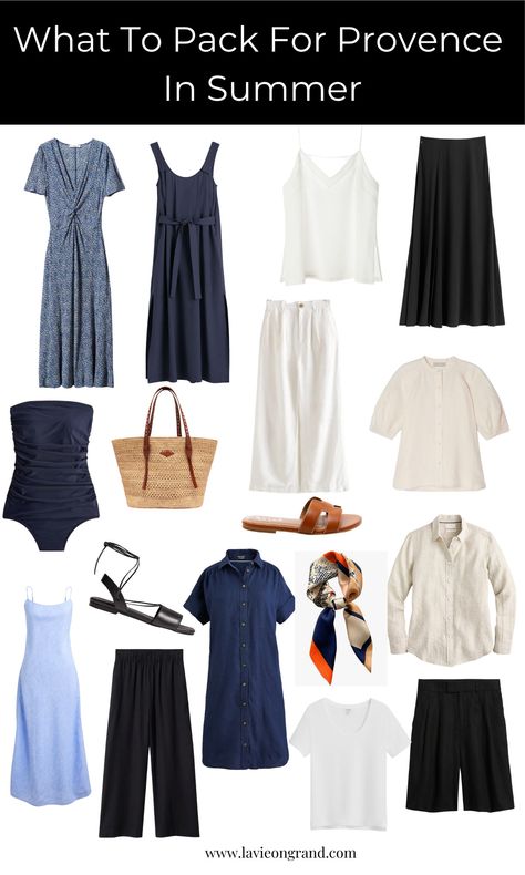 South Of France Capsule Wardrobe, South Of France Style Fashion, South Of France Packing List, French Riviera Packing List, Provence France Outfit, What To Wear In Nice France Summer, Provence Outfits Summer, Summer Classic Outfits, South France Outfits