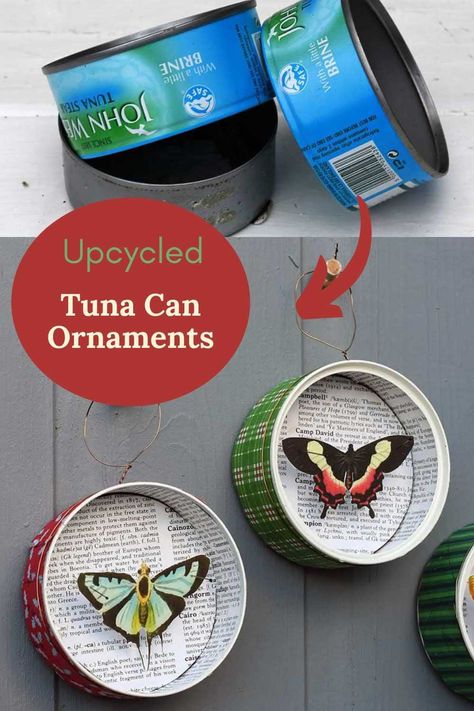 Free Butterfly Printables, Tuna Cans, Christmas Butterfly, Repurposed Crafts, Tuna Can, Christmas Diorama, Tin Can Art, Butterfly Ornaments, Tin Can Crafts