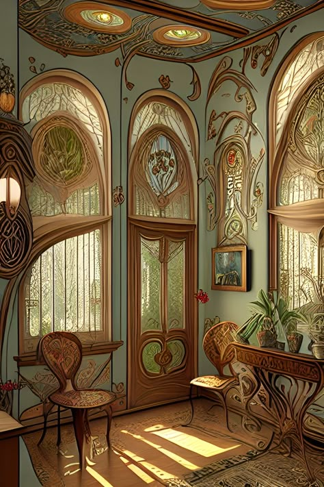 Art Nouveau Conservatory, Art Nuevo Interior Design, Art Nouveau House Interior, Art Noveau Houses Exterior, Art Nouveau Interior Living Room, Art Noveau Interiors, Art Nouveau Decor Interior Design, Art Nouveau Cottage, Art Nuevo Interior