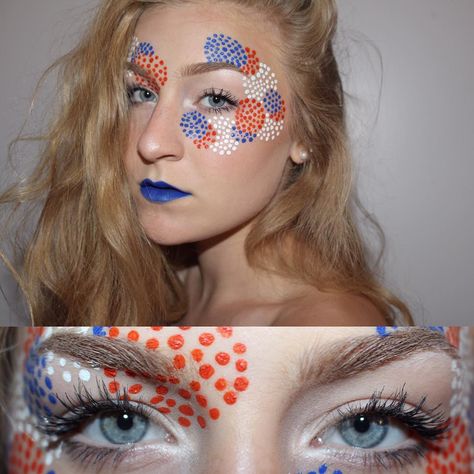 Red White And Blue Face Paint Dots, Fireworks Makeup, Patriotic Makeup Eye, Firework Makeup, Fourth Of July Makeup, Patriotic Makeup, Inspi Makeup, Holiday Eye Makeup, Blue Face Paint