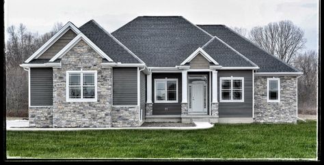 Front of house. Grey Homes, Cabin Colors, Charcoal House, Outside House Colors, Siding Ideas, Gray House Exterior, Stone Exterior Houses, Exterior Houses, Lake Houses Exterior