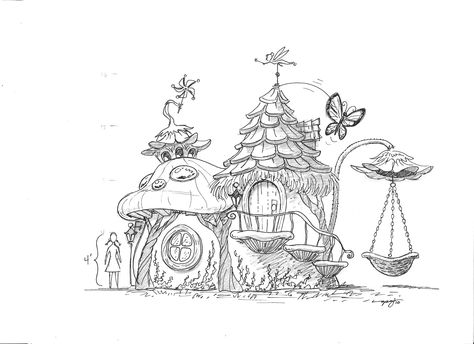 Concept sketch for fairy-themed playhouse. Fairy Theme Drawing, Theme Park Sketch, Fairy Concept Art, Fairy House Drawing, Art Studio Design, Bg Design, Procreate Ipad Art, Easy Doodle Art, Building Art