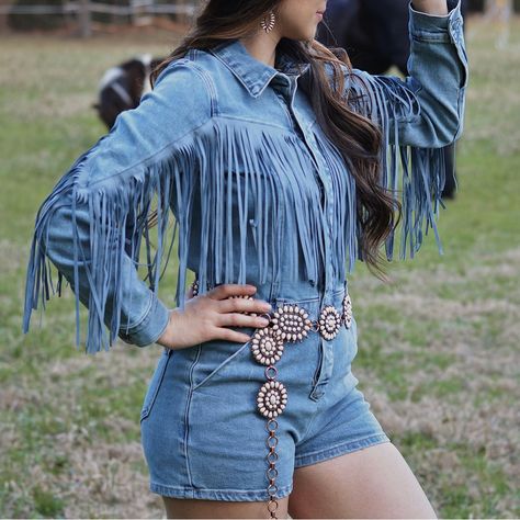 92.5% Cotton, 6% Polyester, 1.5% Spandex Fringe On Sleeves Front Overlap Back Patch Pockets #Rrwdr2rzpu 90s Cowgirl Fashion, Dolly Disco, 90s Cowgirl, Y2k Cowgirl, Plus Size Western Wear, Fringe Romper, Denim Fringe, Cowgirl Dresses, Rock Dresses