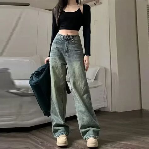 Solid Color High Waisted Straight Leg Wide Leg Jeans Fashion Street Simple Jeans for Women American Long Pants Fashion, Street Shopping, Denim Pants Fashion, School Vacation, 90s Baggy, Perfect Fall Outfit, Stylish Fall Outfits, Vintage Decoration, Jean Large