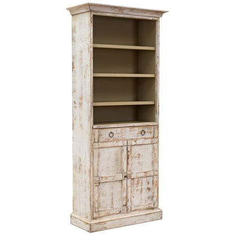 Bring the charm of French Country style to your home with this beautifully crafted open shelf bookcase. Made from solid pine wood with a distressed white finish, it offers both elegance and functionality. #frenchcountry, #bookcase, #shelving Shelf With Doors, Open Shelf Bookcase, Modern Provincial, French Country Living, French Country Furniture, Cabinet With Doors, Shelf Bookcase, White Shelves, Low Cabinet