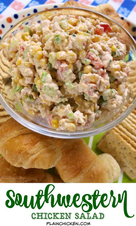 Southwestern Chicken Salad - chicken salad with lime juice, corn, green pepper, celery, tomatoes and cilantro - GREAT flavor! People always ask for the recipe! Southwestern Chicken Salad, Football Friday, Southwest Chicken Salad, Southwestern Chicken, Resep Salad, Southwest Chicken, Plain Chicken, Green Pepper, Corn Salad