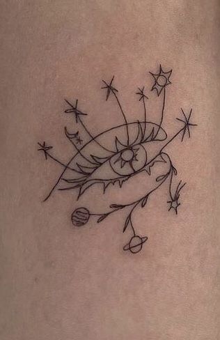 Paradoxical Tattoo Ideas, Heavy Line Tattoo, Tattoo Within A Tattoo, Tattoos About Living In The Moment, Eyes Full Of Stars Tattoo, Small Hippy Tattoos, Space Tramp Stamp, Tattoo Ideas Whimsical, Whimsical Tattoo Designs