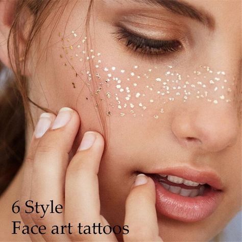 Temporary Face Tattoos, Freckles Makeup, Jewel Tattoo, Makeup Stickers, Festival Mode, Festival Face, Gold Tattoo, Facial Tattoos, Glitter Face