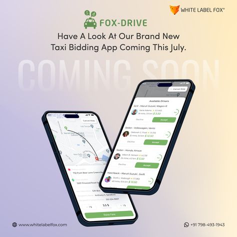 White Label Fox Will Launch New Taxi Bidding App Coming Soon This July App Launch Design, App Launch Poster, In Driver App, Courier Business, Coming Soon Design, Web Panel, App Launch, Taxi App, Food Delivery App