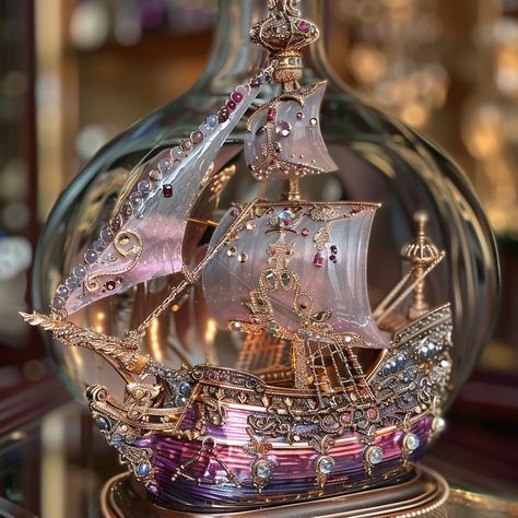 Set sail on a sea of splendor with this exquisite ship in a bottle, a masterpiece where baroque grandeur meets the delicate intricacies of modern design. Each jewel-encrusted sail catches the light, whispering tales of distant shores and opulent voyages. 🚢✨ An objet d’art that transcends time, perfect for those who curate their spaces with the awe of history and the touch of luxury. Aa Logo, Ship In Bottle, Ship In A Bottle, Tinsel Christmas Tree, Mythical Creatures Fantasy, Sailboat Art, Fantasy Decor, Fantasy Props, Anime Accessories