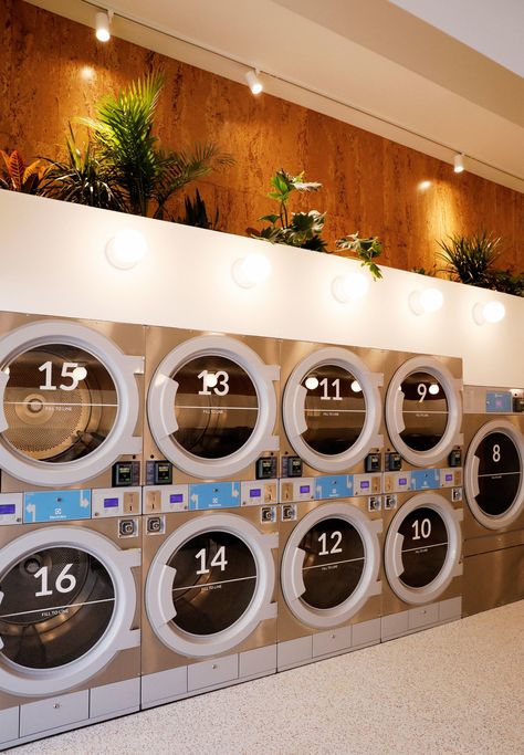 This Stylish New Laundromat Serves Craft Kombucha While You Wait For a Spin Cycle Laundry Business Design, Business Design Ideas, Coin Laundromat, Laundromat Business, Dry Cleaning Business, Self Service Laundry, Laundry Business, Coin Laundry, Commercial Laundry