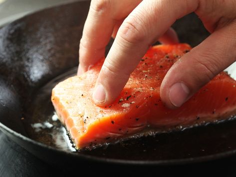 Pan-fried salmon fillets with a moist, medium-rare center and crisp skin can be tricky. The skin can stick, the salmon can easily overcook, and the layer of fat underneath the skin can come out greasy. But working through all of these problems is simple if you use the right technique. Just follow the video or step-by-step guide here—a photo-perfect dinner awaits. Salmon Crispy Skin, Salmon Recipes Pan, Crispy Skin Salmon, Salmon Fillet Recipes, Seared Salmon Recipes, Salmon Recipes Pan Seared, Pan Fried Salmon, Salmon Steak, Fried Salmon