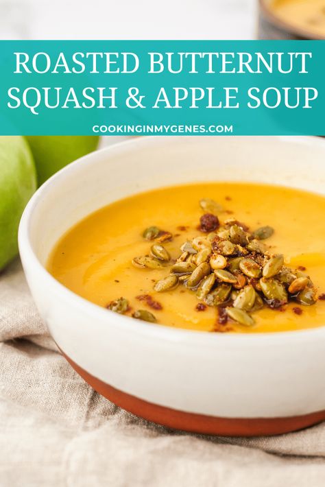 This is the best of Roasted Butternut Squash Apple Soup recipes! Simple to make, creamy and perfect for the cooler Fall & Winter seasons. Butternut Apple Soup, Squash Apple Soup Recipe, Squash Soup With Apple, Apple Soup Recipes, Squash And Apple Soup, Squash Apple Soup, Butternut Squash Apple Soup, Best Butternut Squash Soup, Butternut Squash Apple