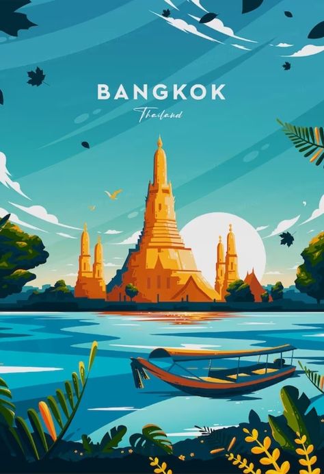 Thailand Travel Poster, Thailand Illustration, Bangkok Poster, Thailand Poster, Travel Advertising Design, Thailand Art, Travel Advertising, Travel Collage, Illustration Simple