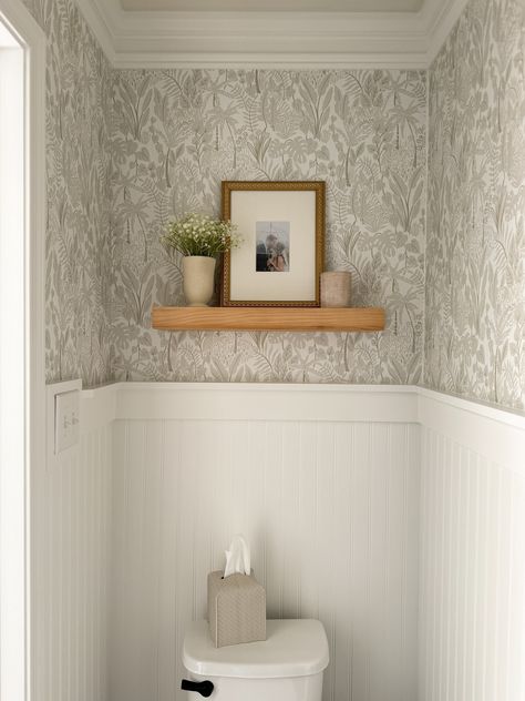 POWDER ROOM TRANSFORMATION || BEADBOARD & WALLPAPER - A Classy Fashionista Half Bath Beadboard, Beadboard And Wallpaper, Beadboard Half Wall, Diy Powder Room, Powder Bathroom Ideas, Small Half Bathroom, Small Half Bath, Small Bathroom Wallpaper, Beadboard Wallpaper