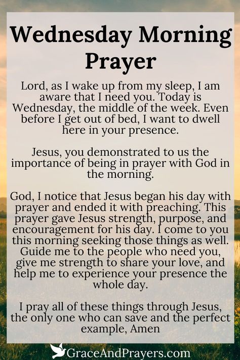 As we wake to the promise of a new Wednesday, let us start with a prayer, asking for guidance, strength, and joy in the day ahead.  This morning prayer is a hopeful request for a day filled with purpose, opportunities for growth, and moments to cherish with those we love.  Step into the light of this new day with confidence and faith. Discover the peace and purpose of morning prayer at Grace and Prayers. Prayers Morning Daily, Prayers For Wednesday, Wednesday Morning Prayers, Morning Prayers To Start Your Day, Wednesday Prayers, Comforting Prayers, Have A Better Day, Wednesday Prayer, Monday Prayer