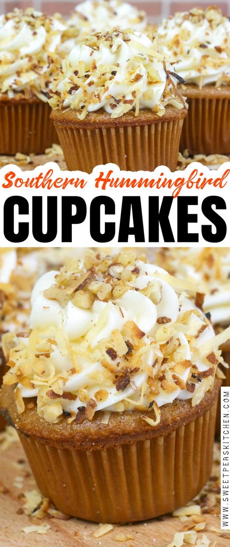 Southern Hummingbird Cupcakes Recipe Jumbo Cupcake Recipes, Extreme Cupcakes, Gourmet Cupcake Recipes, Hummingbird Cupcakes, Perfect Cupcakes, Hummingbird Cake Recipes, Hummingbird Cake, Coconut Cupcakes, Homemade Frosting