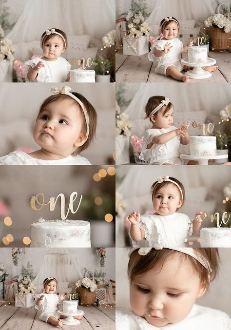 One Year Old Birthday Cake Smash, White 1st Birthday Photoshoot, Photoshoot Ideas For 1 Year Baby, Cake Smash Birthday Photo Shoot, Isn’t She Onederful Cake Smash, One Year Baby Girl Birthday Photoshooting, Onederful Photo Shoot, Cake Smash Poses, Studio 1st Birthday Pictures