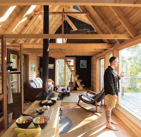 Tiny House Large Windows, Timber Frame Tiny Cabin, Off Grid Living House, Faux Timber Frame Interior, Small Cottage With Loft, Cabin Furniture Ideas, Wohne Im Tiny House, Ravens Home, Diy Tiny House